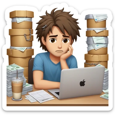 Create an emoji of an exhausted entrepreneur chained to their laptop, with stacks of invoices around them. They have tired eyes, messy hair, and a cold coffee next to them, symbolizing endless work without real progress. sticker