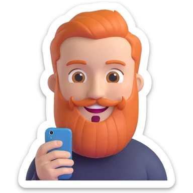 bold man with beard speaking on an iPhone, animoji style, smiling, 3D look sticker