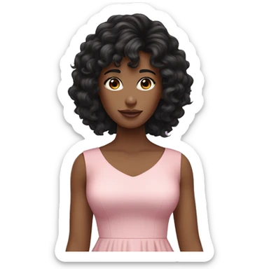 White woman with long black curly hair and bangs and dark brown eyes, wearing a pastel pink dress sticker