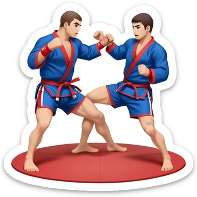 Two Sambo fighters in blue and red kimonos, with shorts and wrestling shoes, performing grappling and throwing techniques. The background shows a wrestling mat and an intense, focused atmosphere. Transparent background highlights the fluidity and skill of the sport without strikes. sticker