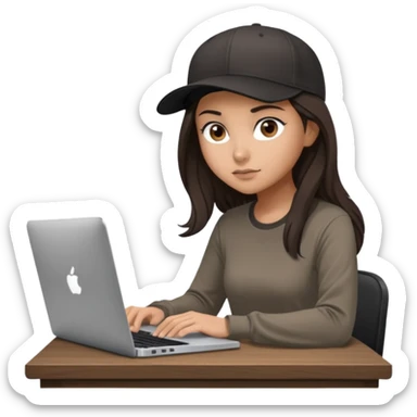A professional 3D avatar of a young woman with olive skin and long, dark brown hair, wearing a dark, long-sleeved dark taupe shirt and a black baseball cap. She's sitting at a sleek wooden desk, typing on a silver MacBook. sticker
