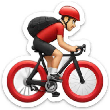 Garçon en tenue rouge sur un vélo noir vélo avec un sac tout rouge cubique, avec un logo qui représente une toque sticker