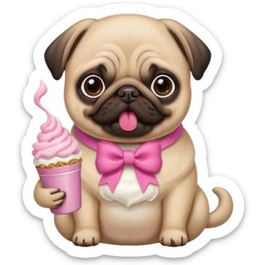 Pug com laço Rosa comendo ração  com chantilly Rosa sticker
