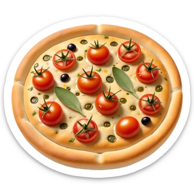 cinematic-realistic-focaccia-bread-dish-emoji,-depicted-as-a-golden,-olive-oil-brushed-flatbread-sprinkled-with-herbs-rendered-with-lifelike-texture-and-soft,-appetizing-lighting showing olives on top and the cherry tomatoes sticker