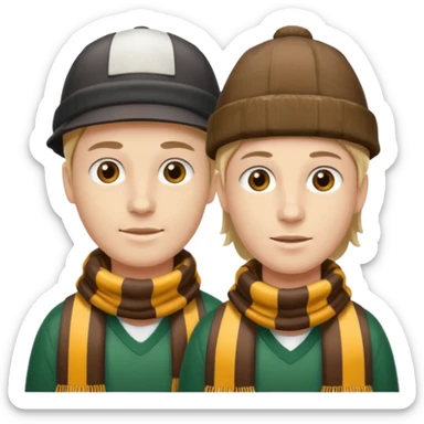 one person with two heads: with one head wearing a loggers hat and the other a football scarf sticker