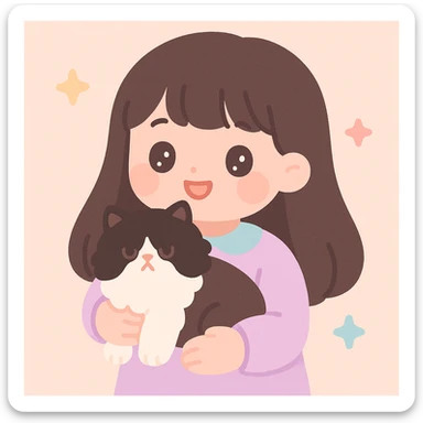 a girl with long dark brown, almost black hair with bangs, holding a fluffy black and white Persian cat, cute illustration style sticker