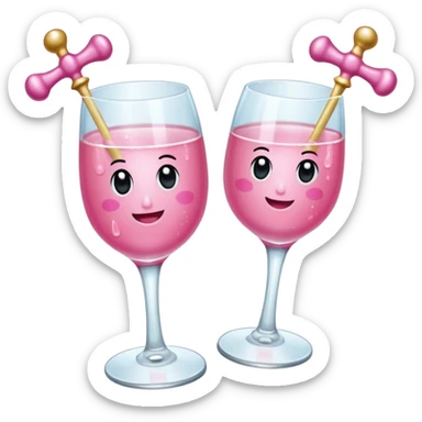 Dos Champagne rosa cruzadas de la parte donde se sostiene con la mano, formando una x, con un listón de moño color rosa claro  sticker