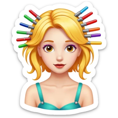 A playful and beautiful girl with many colorful hairpins on her hair sticker