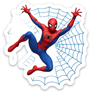 A high-quality die-cut sticker of Spider-Man in a dynamic web-swinging pose. Bold black outlines, classic red and blue suit, vibrant colors, Ben-Day dots textures. Flat 2D vector art style, white border around the edge, isolated on a plain white background, 4k resolution sticker