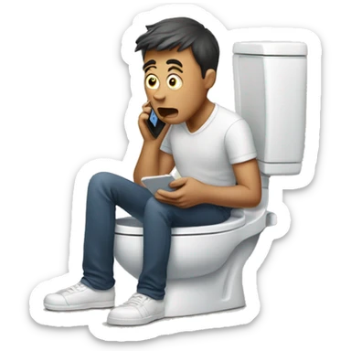 man sitting on toilet and shocked by information on phone sticker