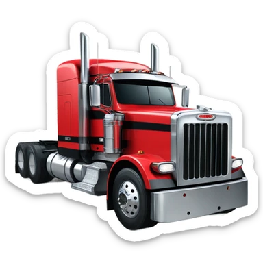 Peterbilt 389 black with red frame with flat top and slash cut exhaust stacks and dual rear tires and flat bumper sticker