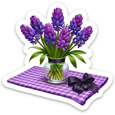 A lush bouquet of bright prple color Hyacinths black satin ribbon, resting on an antique wooden table, with a pale yellow and pink plaid pattern table cloth sticker