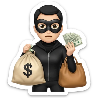 создай человека в черное одежде и черной маске с большим мешком денег в руках sticker