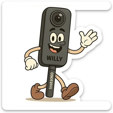 Insta360 camera on a stick named Willy with arms and legs, fun and whimsical cartoon style sticker