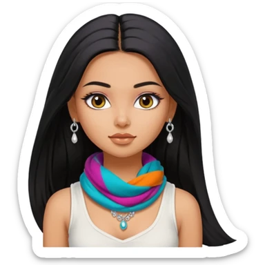 a pretty bratz girl with long black hair, kajal under eyes, small silver jhumkas. White tank top on. Colourful scarf around neck sticker