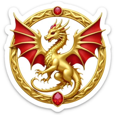 Golden Dragon with wings crest/brosch in a circle with red gems sticker
