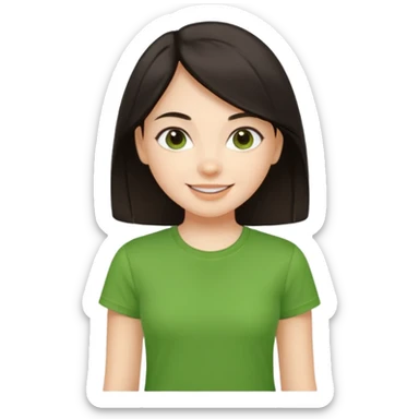 Young girl with straight, dark hair, well-groomed and pretty, wearing a green T-shirt, with a happy and lively expression. sticker