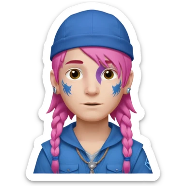 scout boy long hair face tatooes pink haired, wearing blue cap sticker