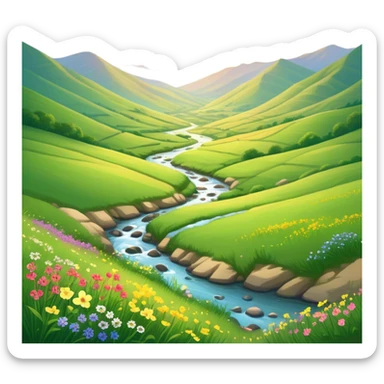 Cinematic Realistic Valley Emoji, Lush and serene, with gently sloping hills surrounding a vibrant green valley filled with wildflowers and a small stream. The soft, golden sunlight filters through the valley, casting peaceful, warm shadows across the landscape. Soft glowing outline, capturing the essence of natural peace and gentle beauty in a sprawling valley. sticker