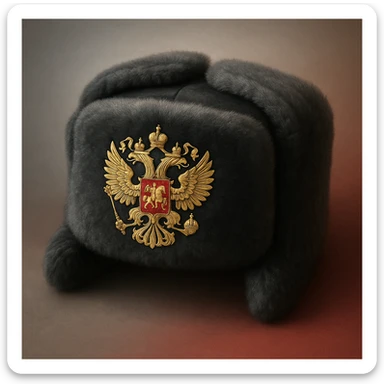 Russian hat ushank with the coat of arms of Russia, with background sticker
