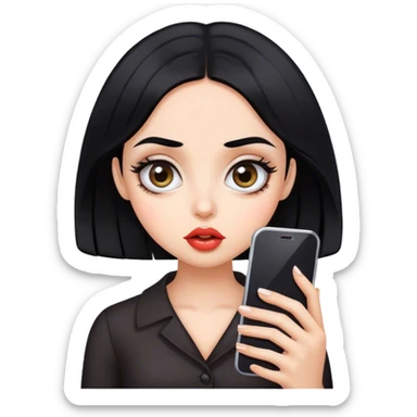 Make a black hair girl with big eyes holding phone and thin eyebrows and big lips  sticker