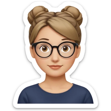 femme de 38 ans avec des cheveux blond foncé, un chignon haut, yeux bruns, lunettes rondes sticker