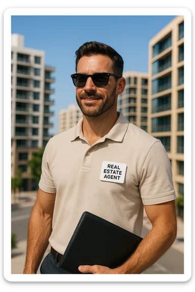 male real estate agent with sunglasses, summer style, light polo shirt, professional yet relaxed attitude, bright urban background sticker