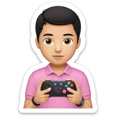 generate a pretty tan bratz boy with a pink polo. Holding a gaming controller in hand. Black hair sticker