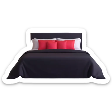 dark bedroom with black walls, black bed frame with black sheets, framed paintings of magic 8 balls and cherries, black nightstand with red LED lights sticker