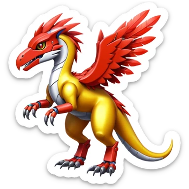 Furry feather-mane Cool Edgy Futuristic shiny colorful Digimon-Fakemon-Guilmon-Velociraptor-Mecha full body   sticker