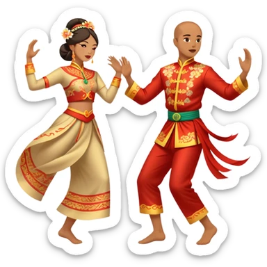 Cinematic Realistic scene of two performers executing a traditional Vietnamese folk dance, adorned in intricately patterned traditional costumes, captured in fluid motion with soft, culturally rich lighting sticker