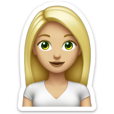 gal blonde gal, green eyes, working on black laptop sticker