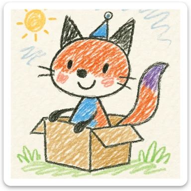 cute fox sitting in a cardboard box with playful expression, kids toy aesthetic, fox with a tiny hat sticker