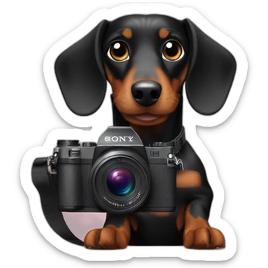 a black dachshund dog holds a SONY camera in his hands sticker
