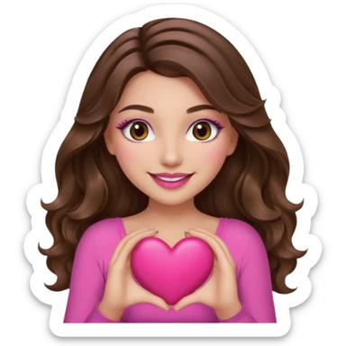 girl with long wavy brown hair, brown eyes, long lashes makeup, sexy pink lips, light to medium complexion, wearing a pink sexy top, smiling, holding a big heart with both hands sticker
