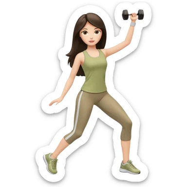 A white Barbie girl with long dark brown straight hair in a pale olive clothes doing exersises sticker