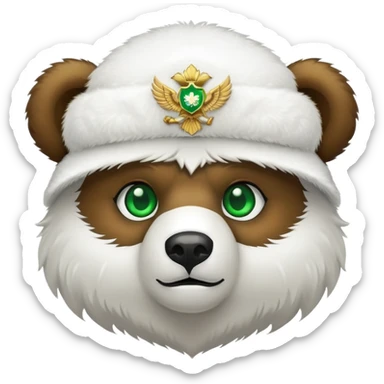 Adorable bear head with bright green eyes, white fluffy ushanka with clean simple Russian double-headed eagle emblem, minimalist iOS emoji style sticker