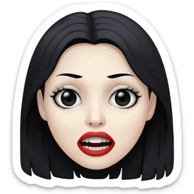 woman with gray skin and black hair and a creepy face with white eyes and hollow mouth sticker