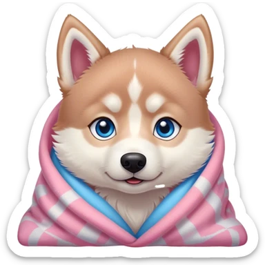 kawaii disney red siberia husky puppy with blue eyes, cozy in a pink blanket sticker