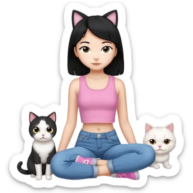 Cute white cat and beautiful 11 year old girl with 2C hair black wearing a pink crop top and low rise jeans and the cat is just adorable and the 11 year old girl is stunning sticker