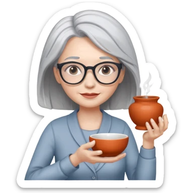 Woman with grey hair with ceramics sticker