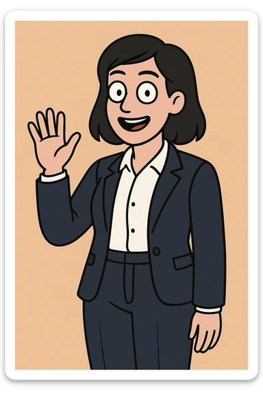 A woman black hair white Villeta Herringbone Shirt Navy Cannes Tailored Fit Jacket jackets Navy Rosalind High Waist Trouser a hand say hello sticker