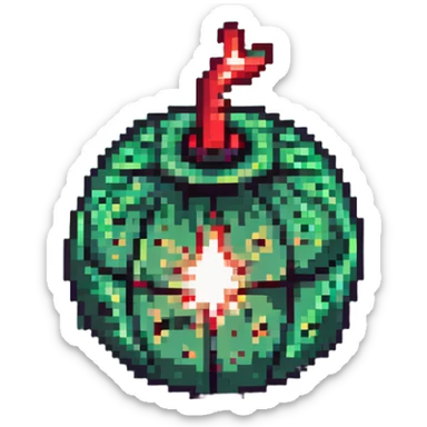 Green digital bomb animation frame 4, round bomb body with green highlights, tiny leaf-shaped fuse at top, intense green glow, about to explode, nature-inspired design, pixel art style sticker