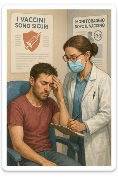 Vertical, educational medical illustration: a healthcare professional observes a patient who appears unwell after receiving a vaccine. The patient sits in a clinic chair, showing mild symptoms such as fatigue or headache, while the professional takes notes and offers reassurance. The background includes educational posters about vaccine safety and monitoring. realistica in italiano sticker
