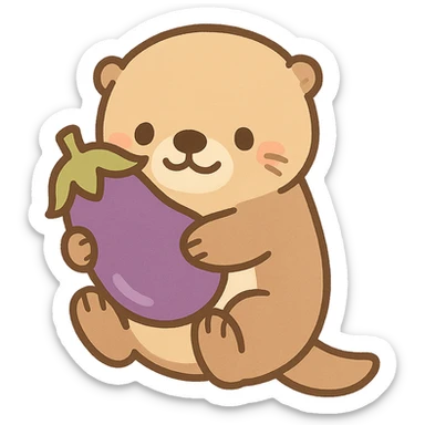 sea otter cuddling an eggplant, simple and friendly, chibi stickers style, soft colors sticker