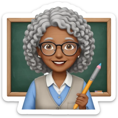 old woman teacher, brown skin, curly grey white hai, wearing glasses, hold chalk on hand sticker