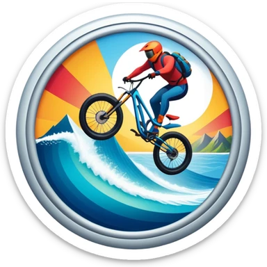 A bold, dynamic emblem combining elements of extreme sports like a mountain, a bike, surfing, ocean and a parachute, all within a circular or shield-like shape. The design conveys speed, adventure, with sharp lines and vibrant colors representing the thrill and intensity of extreme sports. sticker