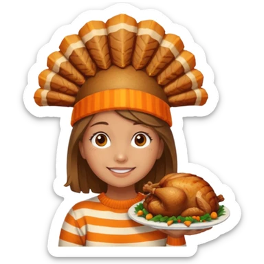 happy tan girl with an orange striped sweater and a cooked browned turkey on her head  sticker