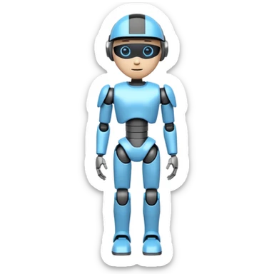 A 3D emoji-style humanoid robot with a white and gray body, thin legs, black joints, and a glowing blue neon visor instead of a face, without eyes. Futuristic and sleek design, simplified details for clarity at small emoji size, standing upright like a human sticker