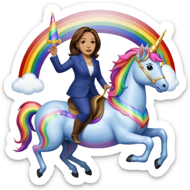 Kamala Harris and donald trump riding a rainbow unicorn sticker